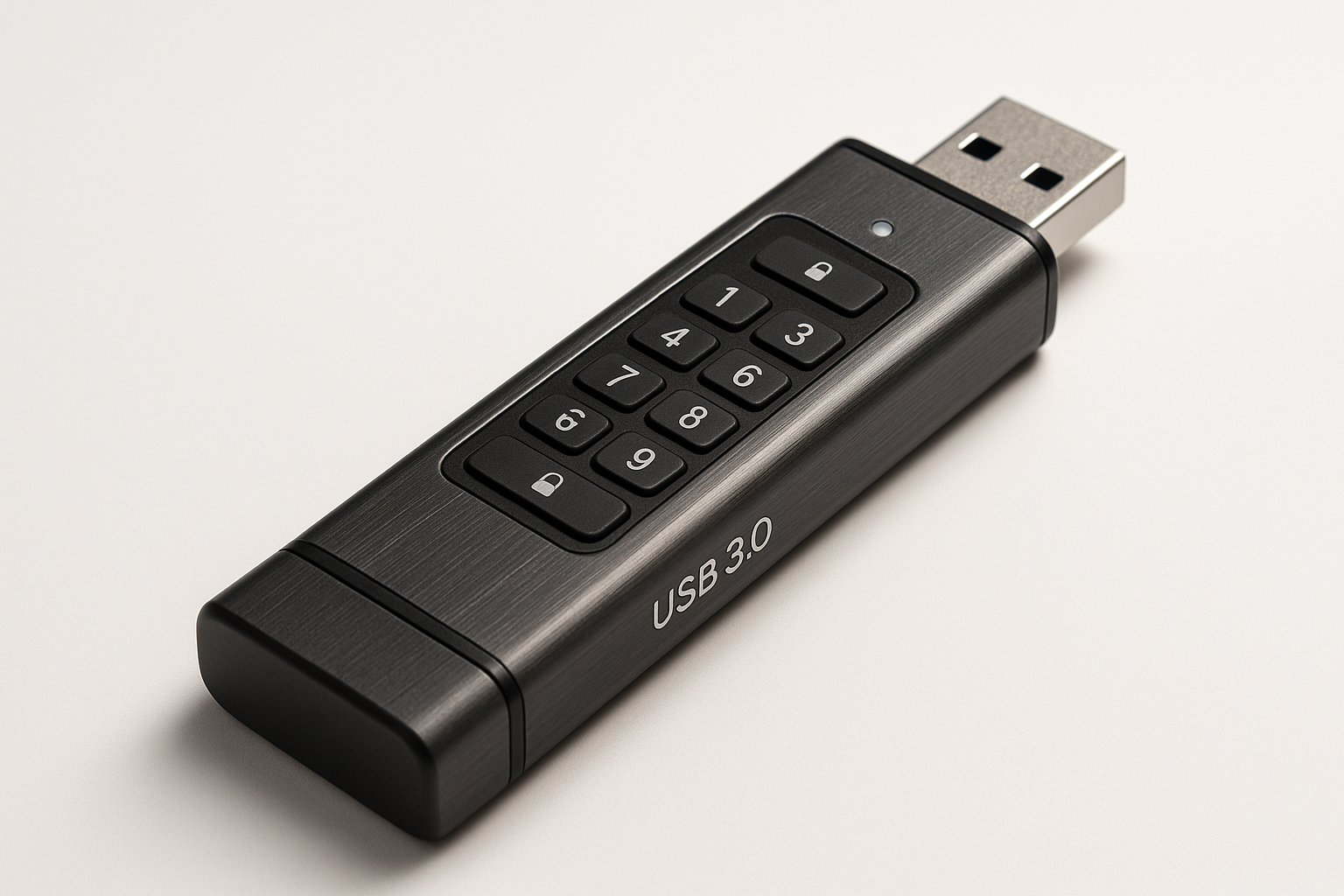 A branded, hardware-encrypted USB 3.0 drive designed to safely transfer and store sensitive application or document files between environments.