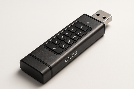 A branded, hardware-encrypted USB 3.0 drive designed to safely transfer and store sensitive application or document files between environments.