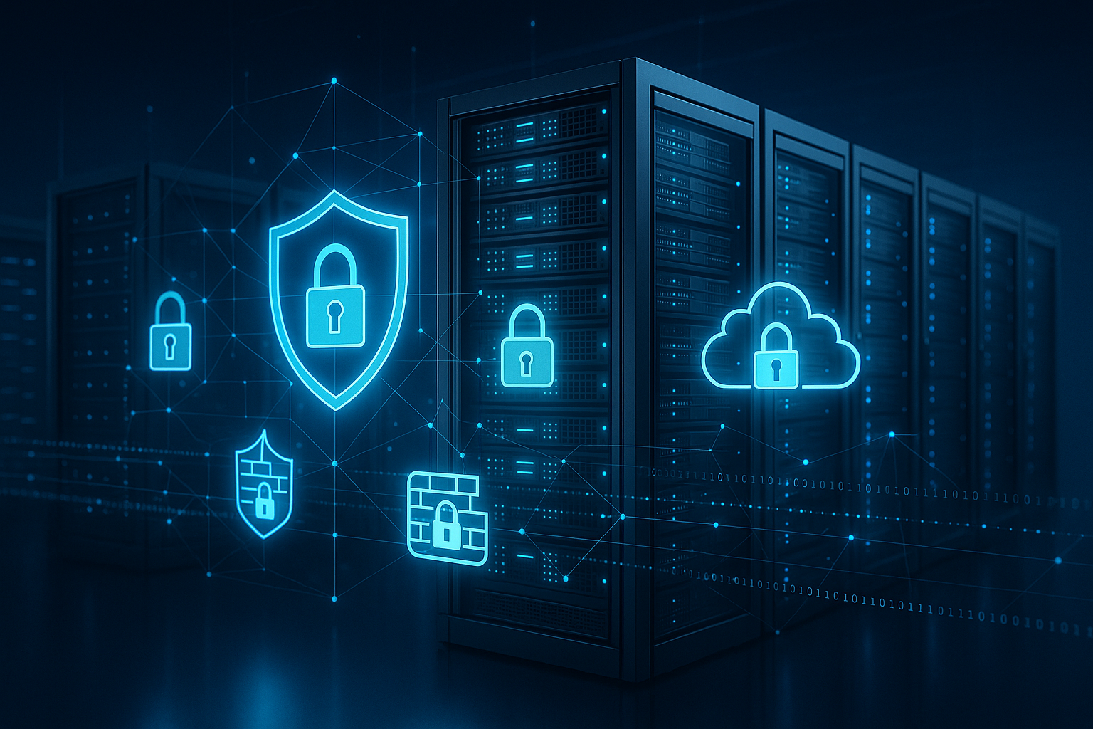 Data security and cloud storage concept with server racks and digital locks