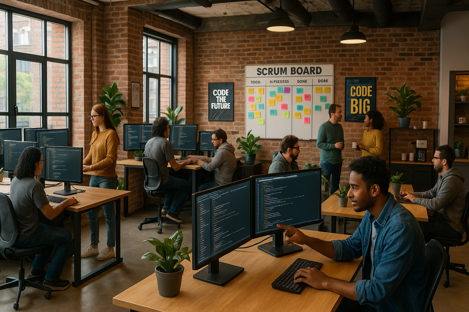 Team of software engineers collaborating in a tech startup office, agile development environment